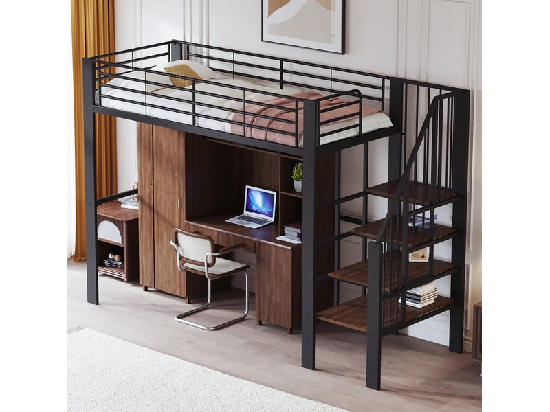  Lit mezzanine 90x200 cm structure métallique stable rangement sous-lit escalier intégré métal et bois noir sans matelas  - Conforama W