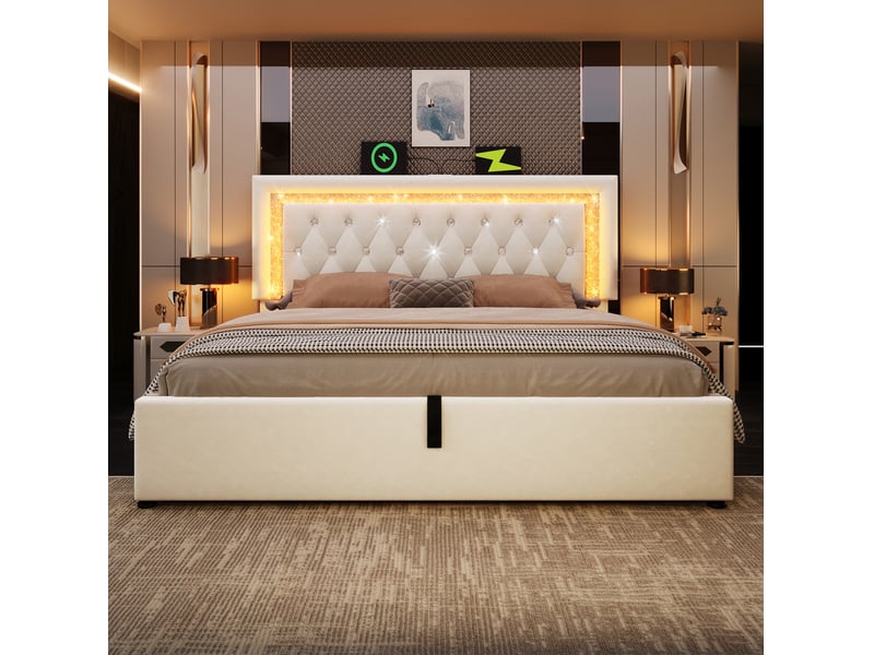  Lit double, 140x200 cm, led, usb et type c, solution de rangement hydraulique, matelas inclus, velours, coloris beige  - Conforama B