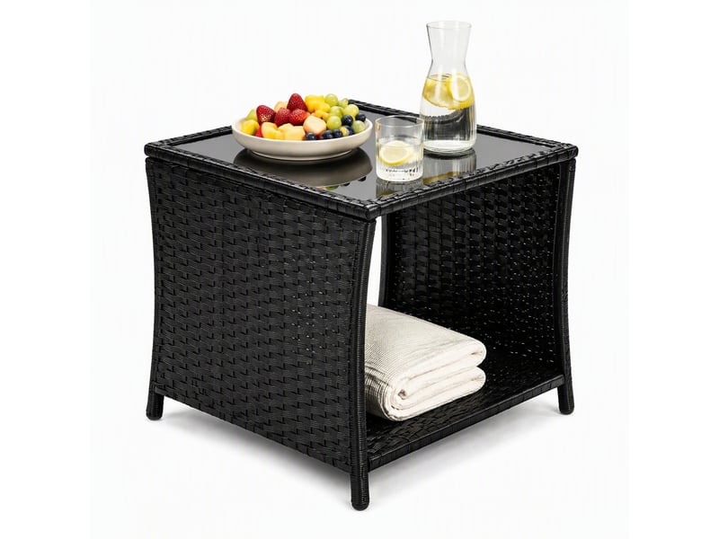  Table d'appoint extérieure carrée 45x45x40 cm – noire – plateau en verre amovible et rangement ouvert  - Conforama A
