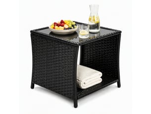 Table d'appoint extérieure carrée 45x45x40 cm – noire – plateau en verre amovible et rangement ouvert