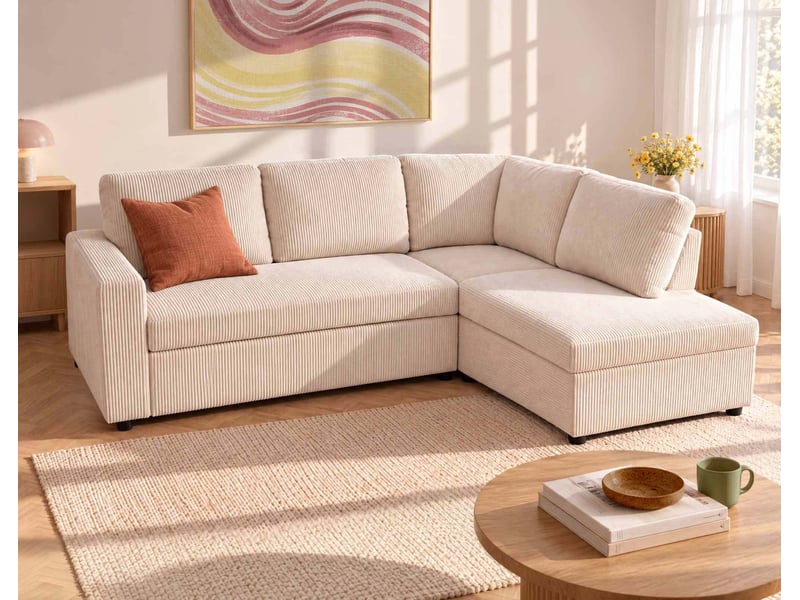 Meiya - canapé d'angle droit 5 places convertible avec coffre en velours côtelé - best mobilier - beige MEIYA - Conforama B