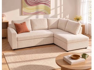 Canapé d'angle droit convertible BESTMOBILIER MEIYA 5 places Velours beige avec coffre de rangement