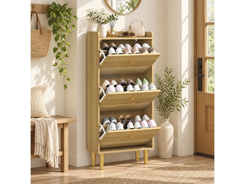  Meuble à chaussures style bohème chic 3 portes abattantes aspect bois clair sculpté  - Conforama D