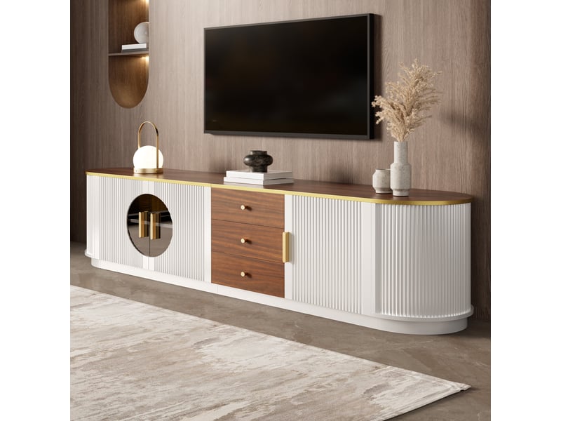  Meuble tv bas 180x40x46 cm, lowboard luxe avec verre brun, mdf, poignées aluminium, bords arrondis, blanc evarich - Conforama D
