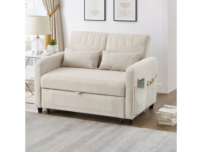  Canapé convertible 2 places en tissu coton-lin, dossier réglable 3 positions, couchage 166×95 cm, sans montage  - Conforama W