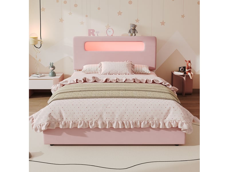  Lit enfant 140x200 cm avec 4 tiroirs latéraux et éclairage led contrôlé par application couleur rose sans matelas  - Conforama B