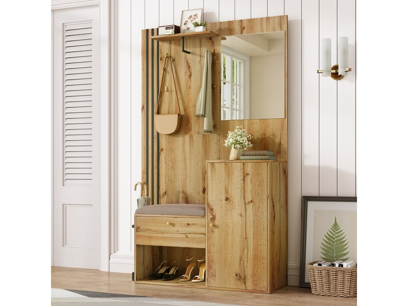  Meubles d'entrée avec miroir, assise rembourrée, étagères réglables et porte-parapluies en mdf 115×37×185 cm  - Conforama C