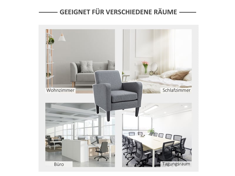  Fauteuil rembourré avec dossier ergonomique et accoudoirs, pieds en bois, tissu polyester gris clair 66 × 72 × 74 cm  - Conforama E