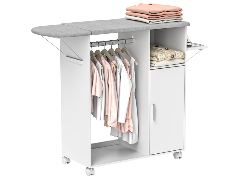  Table à repasser mobile avec surface de rangement, 3 cubes de rangement et barre de maintien, 127 x 42,5 x 99 cm, blanche  - Conforama B