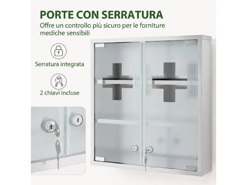  Armoire à pharmacie murale verrouillable, 6 compartiments, 2 portes en verre dépoli  - Conforama W