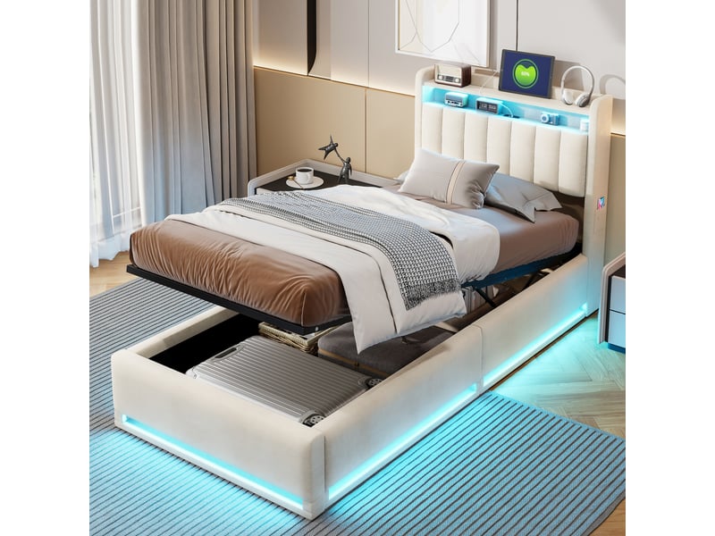  Lit simple de rangement 90x200cm avec éclairage led et port usb, espace de rangement, beige  - Conforama E