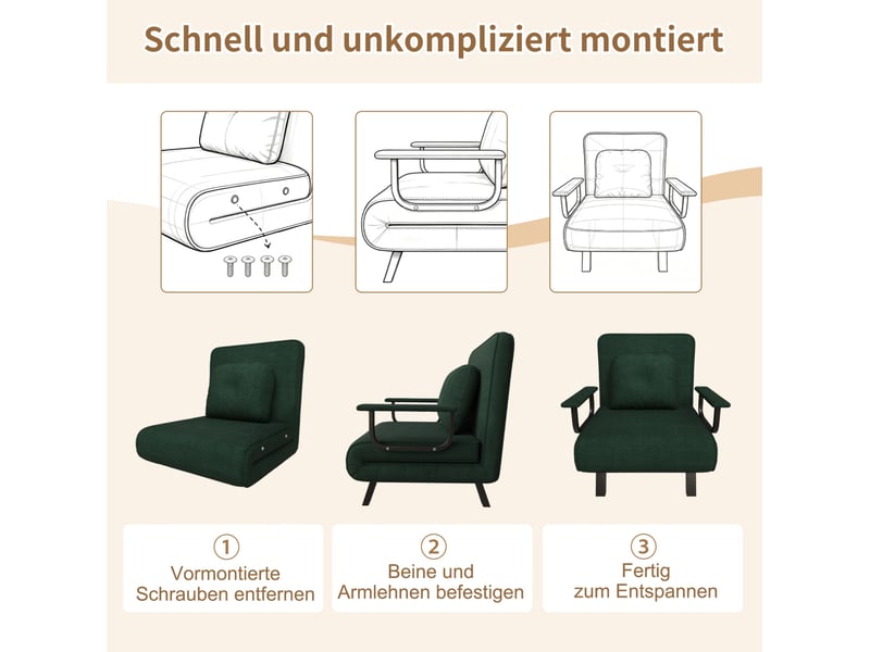  Fauteuil relaxinclinable 60x60x80 cm, tissu en chenille, vert foncé, dossier 5 positions, structure en métal, angle 180°  - Conforama E
