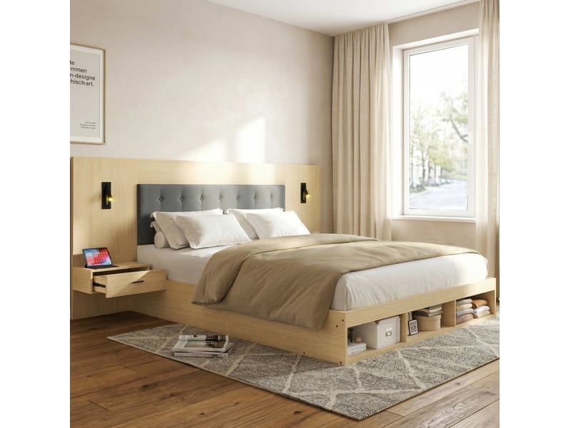  Modenvie lit double avec rangement 180x200 cm - ports usb-c, liseuses orientables, sans matelas - bois clair  - Conforama E