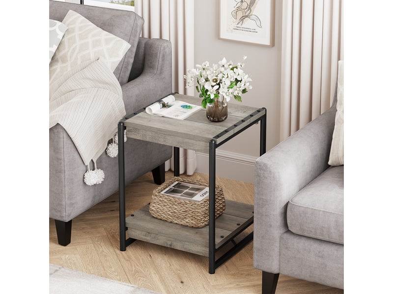  Table basse carrée 2 étagères bois massif, cadre métal, style industriel rustique, facile à assembler, idéale salon chambre : gris PHO_0VWPBFXP - Conforama E