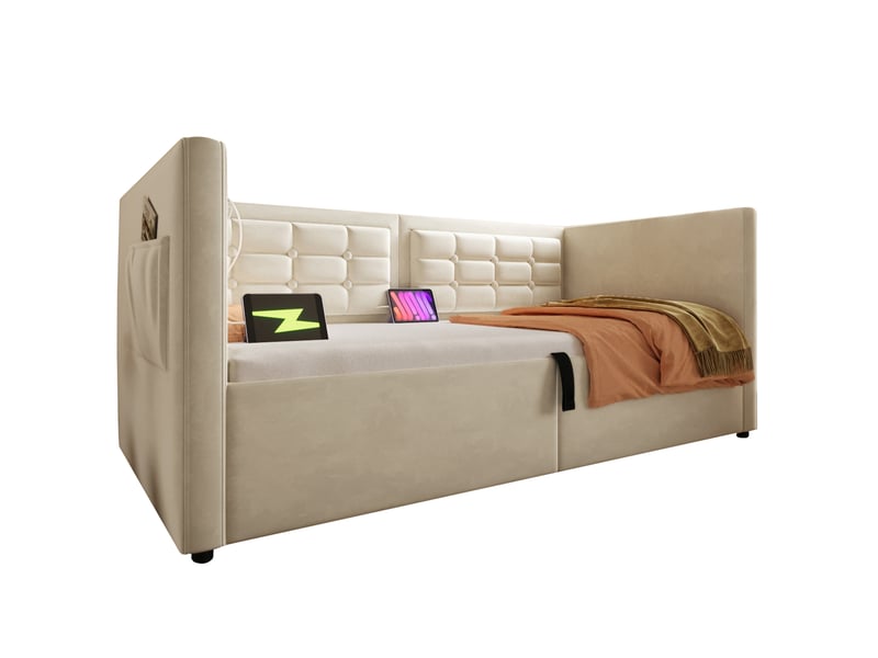  Modenvie lit banquette coffre 90x200 cm - rangement hydraulique, ports usb et usb-c, sans matelas - beige  - Conforama A
