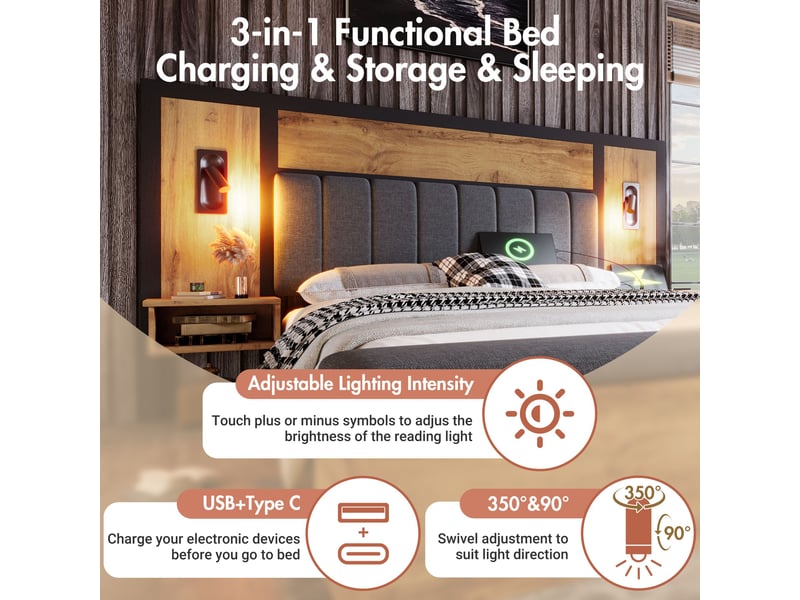  Lit coffre 180x200 cm rembourré avec banc de rangement-tables de chevet avec lampe led et usb-c-sommier à lattes effet chêne  - Conforama D