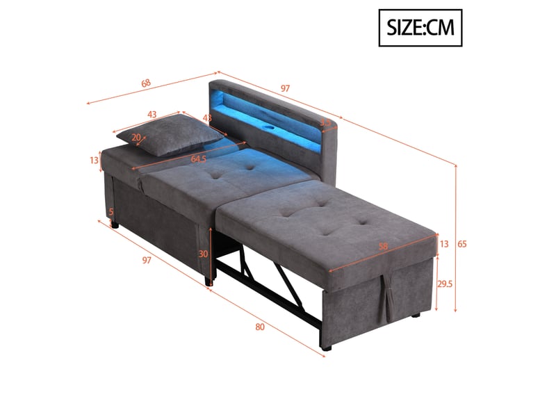 Canapé-lit modenvie 3 en 1 gris foncé 177 x 68 x 65 cm dossier réglable led usb type-c - Conforama C