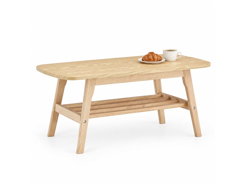  Table basse rectangulaire moderne, avec double plateau ouvert, rangement 2 niveaux et bois, bois naturel, 110×58×19 cm  - Conforama A