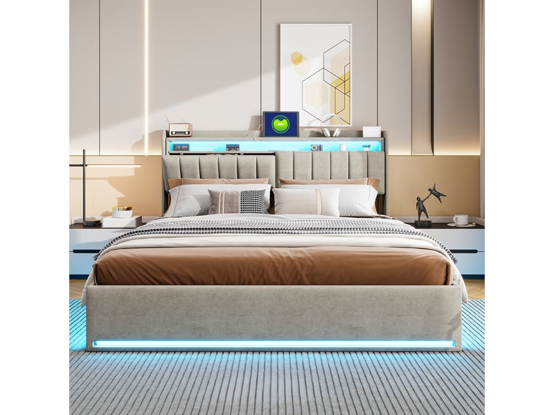 Lit double coffre 160 x 200 avec sommier, sorvaglos, lit rembourré avec led et usb, lit adulte avec hydraulique, velours, gris - Conforama D