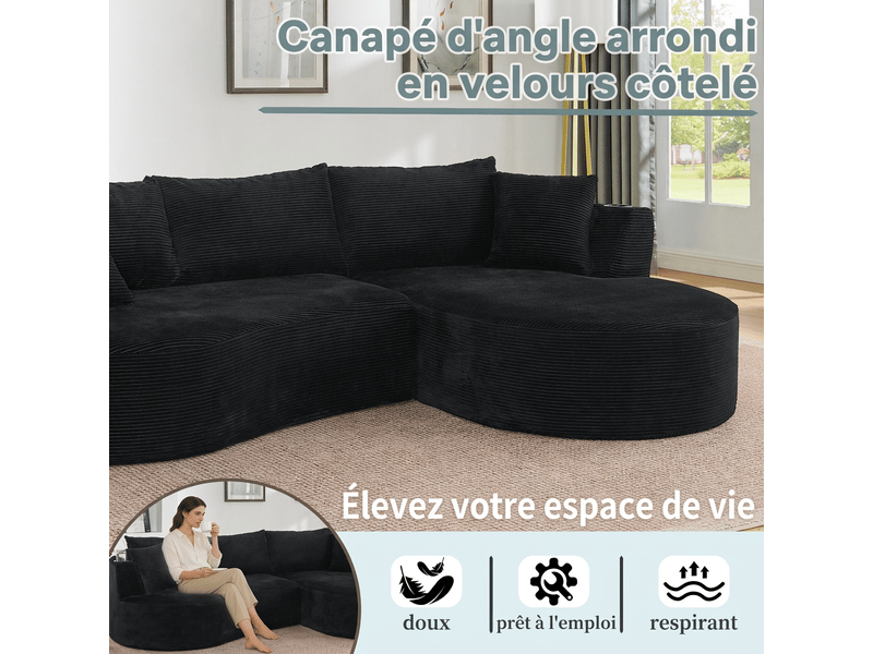  Canapé 3 places avec méridienne droite design incurvé velours côtelé doux porte-gobelets  - Conforama W