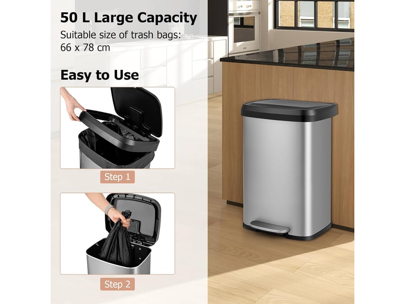 50l poubelle à pédale, poubelle en acier inoxydable avec couvercle à fermeture douce, compartiment désodorisant, poubelle de cuisine anti-odeur argent - Conforama D
