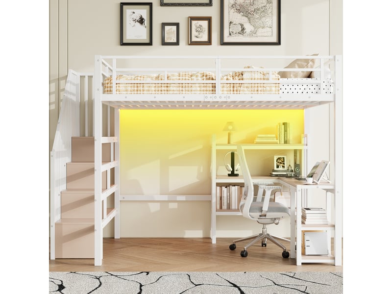  Lit mezzanine 140x200 cm, avec escalier, bureau intégré, rangements, station usb et éclairage led, structure métal et mdf, blanc BUYDEEMEUS - Conforama C