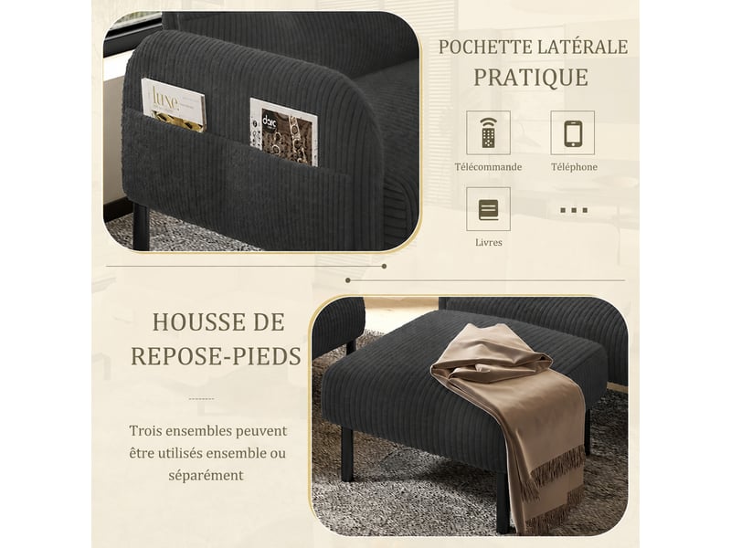  Ensemble canapé fauteuil et pouf en velours côtelé, 4 places, gris  - Conforama C