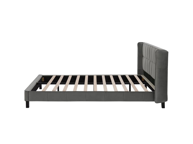 Lit rembourré 180 x 200 cm avec sommier à lattes et tête de lit, lit enfant, pour adultes et adolescents, support à lattes en bois, montage facile, velours, gris  - Conforama E