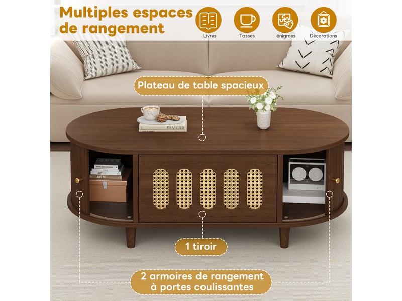  Table basse couleur noyer, table de salon avec tiroir et portes, 100x50x40 cm, design rotin  - Conforama R