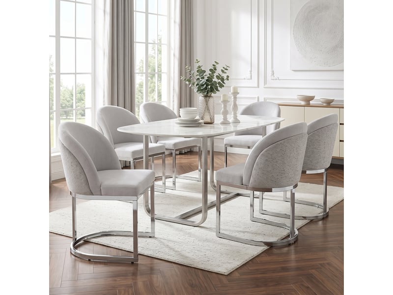  Lot de 6 chaises de salle à manger à double dossier  - pieds métal chromé, chenille gris et argent  - Conforama C