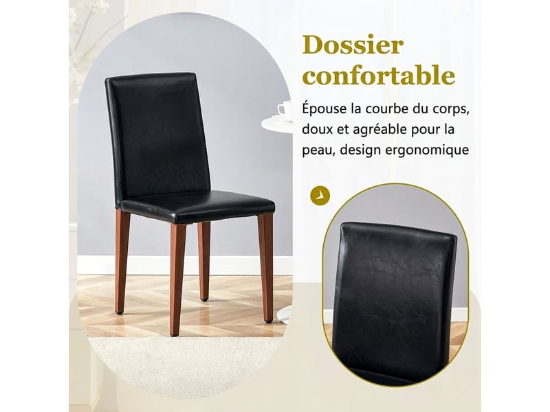  Chaises de salle à manger lot de 2, chaises en cuir pu noir avec pieds en métal aspect noyer, dossier 47 cm, style minimaliste.  - Conforama D