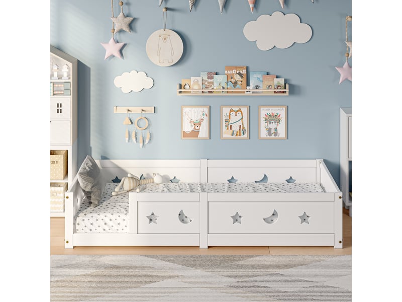  Lit au sol 90x200 cm,lit enfant avec barrières de sécurité, lit simple, motif étoiles et lune,sommier à lattes,mdf, blanc  - Conforama R