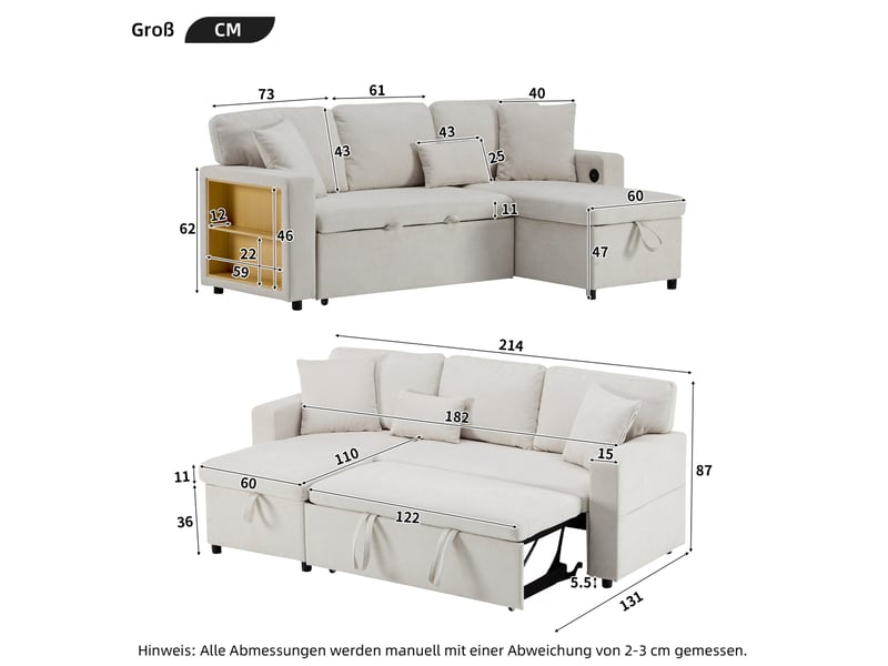  Canapé d'angle convertible modenvie 4 places réversible avec rangement usb beige 214 x 131 x 87 cm  - Conforama C