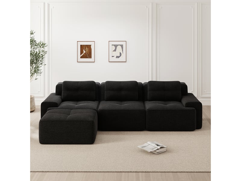  Canapé d'angle, canapé modulable : sans montage, avec pouf, en velours tricoté, 3 places, noir, sans cadre, style cloud  - Conforama R