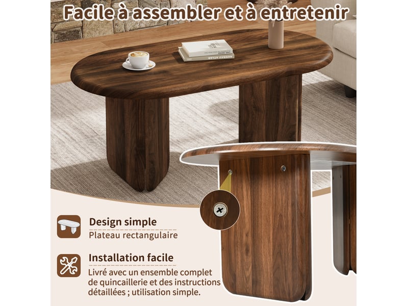  Table basse ovale 90x50x40 cm, bords arrondis, style moderne, pieds décoratifs, mdf stable, finition noyer  - Conforama E