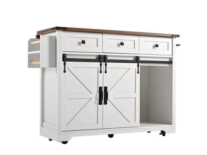 Îlot de cuisine avec plateau extensible 140cm, chariot de cuisine sur roulettes, meuble de rangement beige avec portes coulissantes - Conforama R