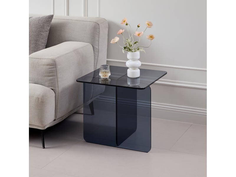 Table basse fixe carrée avec plateau en verre trempé cintré finition transparente grise pour salon 45 × 45 × 41 cm  - Conforama B