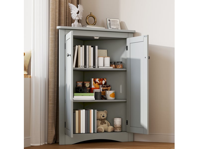 Armoire de salle de bain d'angle avec 2 portes et 3 niveaux de rangement, en mdf gris pour salle de bain, 61,5 × 80 cm - Conforama C
