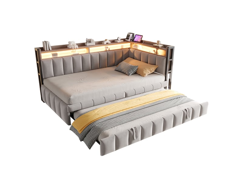  Lit gigogne 90x200 cm avec led, usb et usb-c en velours gris clair，sans matelas  - Conforama A