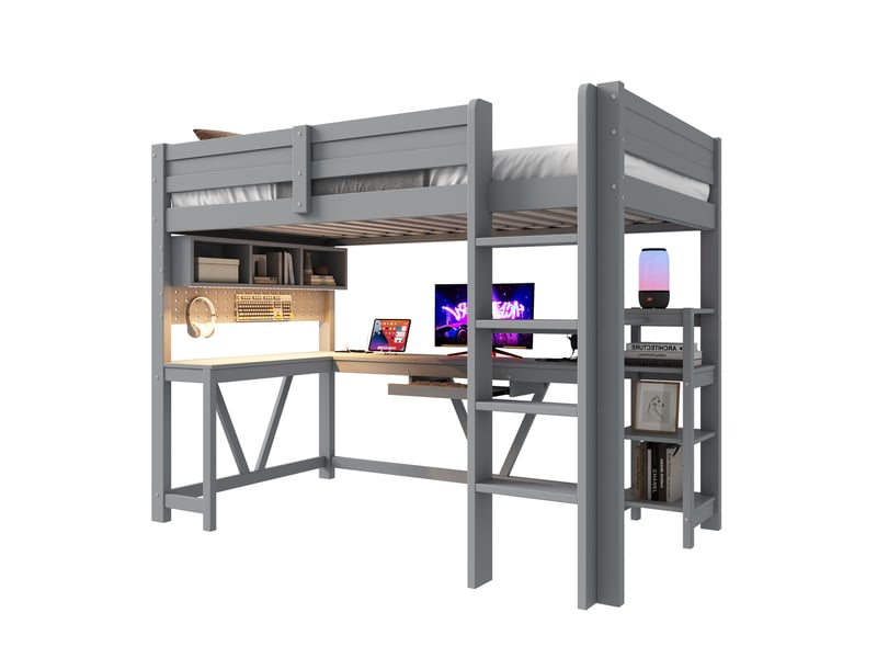 Lit mezzanine 90x200 cm avec bureau, étagères, tiroir clavier, prises, penderie et led, structure en bois, sans matelas, gris - Conforama A