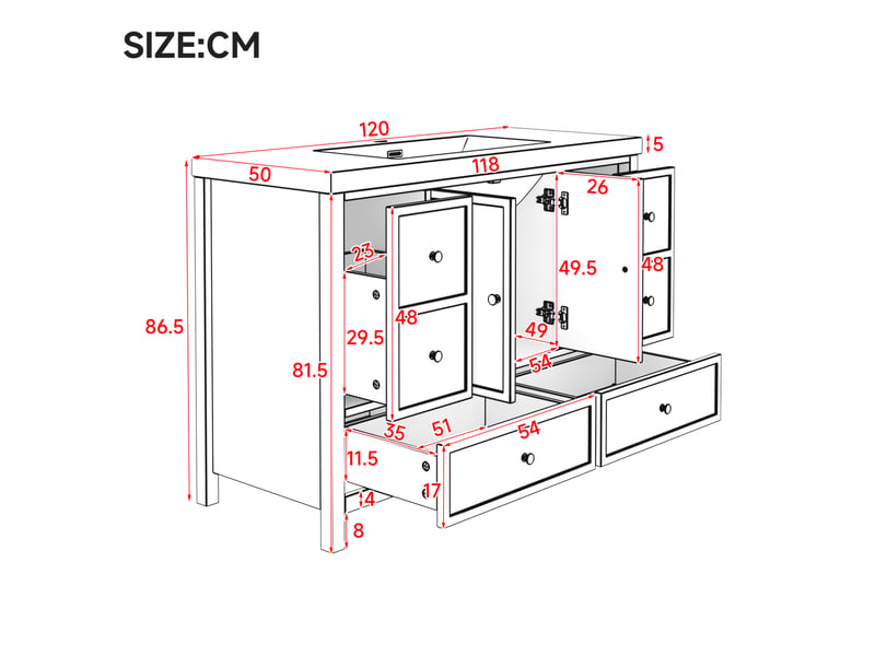 Meuble vasque 120x50x86,5 cm blanc en mdf avec 4 tiroirs et 2 portes - Conforama D