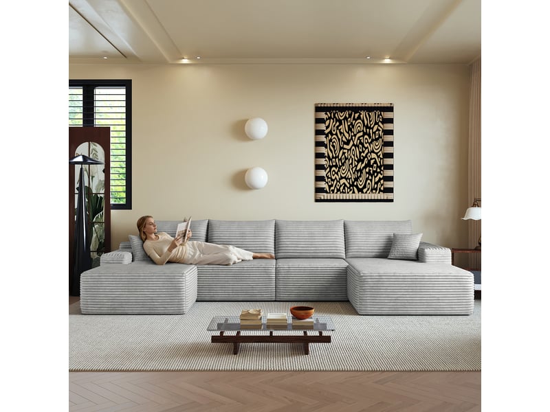  Canapé modulable d’angle en mousse 340 cm, méridienne en l, velours côtelé, assise profonde – gris IKSETERA TRADING LTD - Conforama E