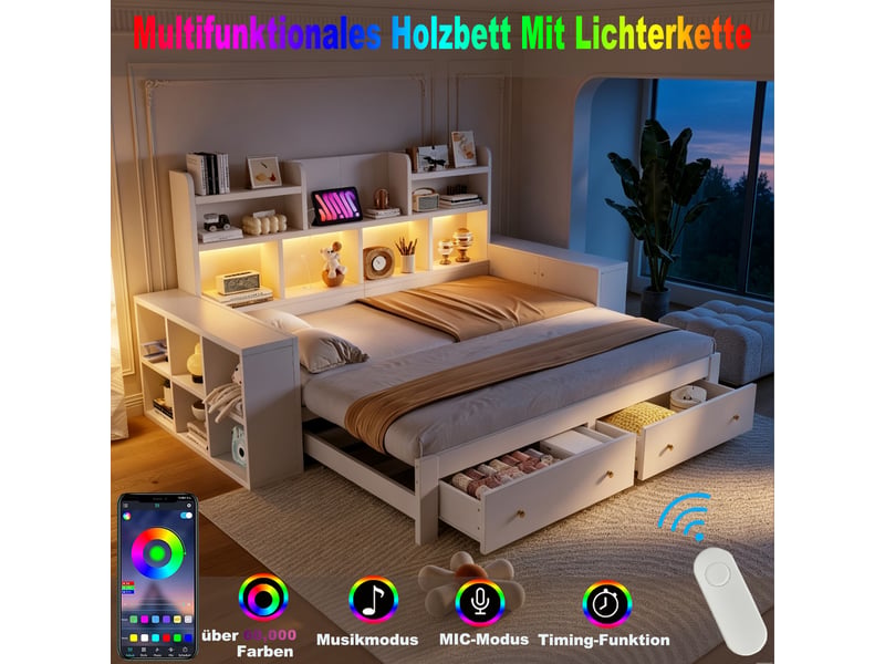 Lit gigogne 2 places 90×200 et 180×200 cm avec led, prise et tiroirs - okmyhome- blanc, sans matelas - Conforama E