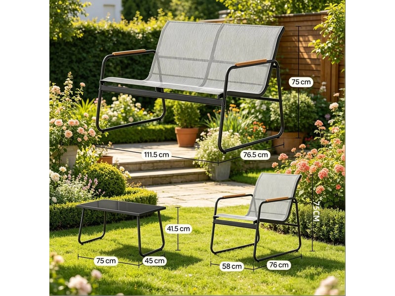 Salon de jardin 4 pièces 111,5 x 76,5 x 75 cm – gris – table en verre trempé et assises respirantes - Conforama C