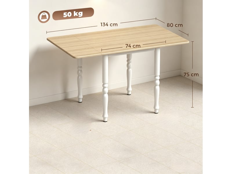 Table de salle à manger extensible 2 à 6 personnes avec 2 rallonges, pieds en acier, naturel et blanc 134 × 80 × 75 cm - Conforama C