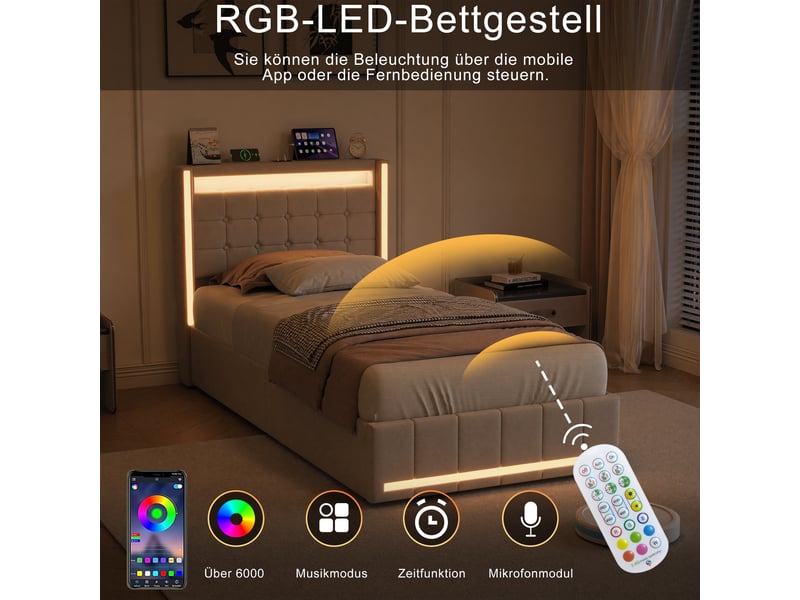  Lit coffre 90x200 avec led et usb, lit 1 place avec rangement hydraulique, lit simple rembourré avec sommier à lattes, sans matelas  - Conforama D