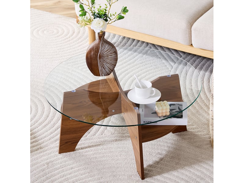  Table basse ulevr ronde ø80 cm en verre de sécurité transparent, piètement mdf décor noyer, hauteur 36 cm  - Conforama E