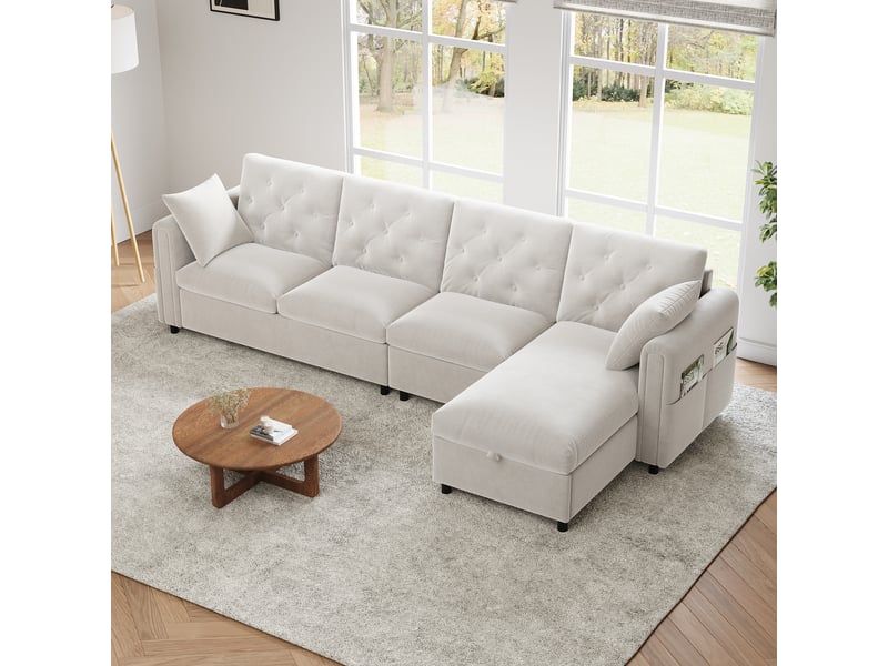  Canapé d'angle, canapé velours — avec rangement, 281 × 86 × 71 cm, beige, en velours  - Conforama D