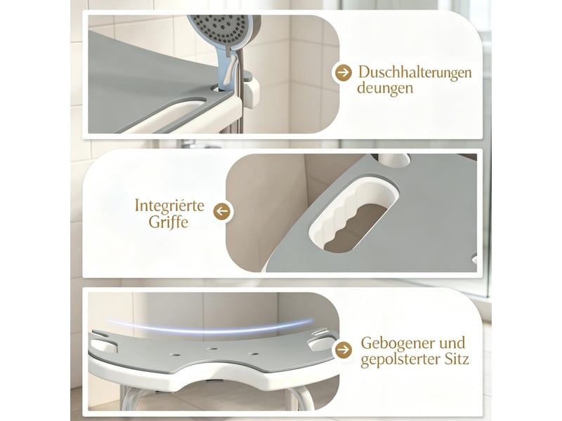  Tabouret de douche réglable 48,5 x 33 cm gris, aluminium avec barre d'appui à ventouse et siège en u  - Conforama D