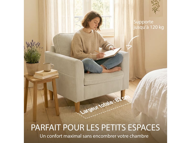 Fauteuil de salon en velours côtelé, canapé 1 place rembourré avec assise large et coussin à ressorts, 83x74x87cm, beige  - Conforama R